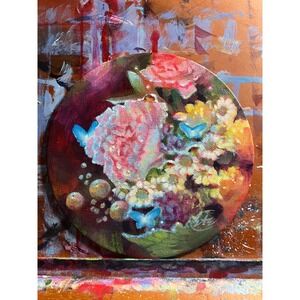 Artettina Original Floral Butterfly painting round art flower surreal Bouquet US